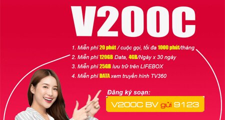 Đăng ký gói cước V200C Viettel nhận ưu đãi 4GB/ ngày sử dụng trong 1 tháng