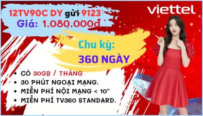 Đăng ký gói cước 12TV90C Viettel ưu đãi data kèm thoại cực lớn sử dụng cả năm