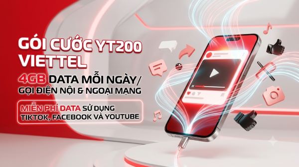 Gói cước YT200 Viettel: Ưu đãi 4GB mỗi ngày + Kèm theo Youtube Premium